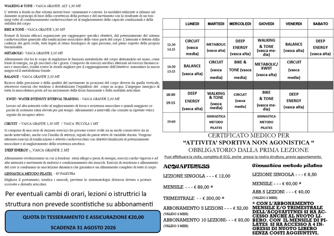 Acquafitness Orari Prezzi e regolamento - Scarica la brochure completa 