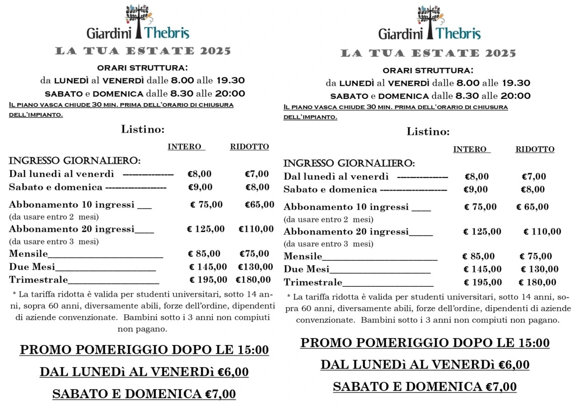 Piscina Thebris orari e servizi - Scarica la brochure completa 