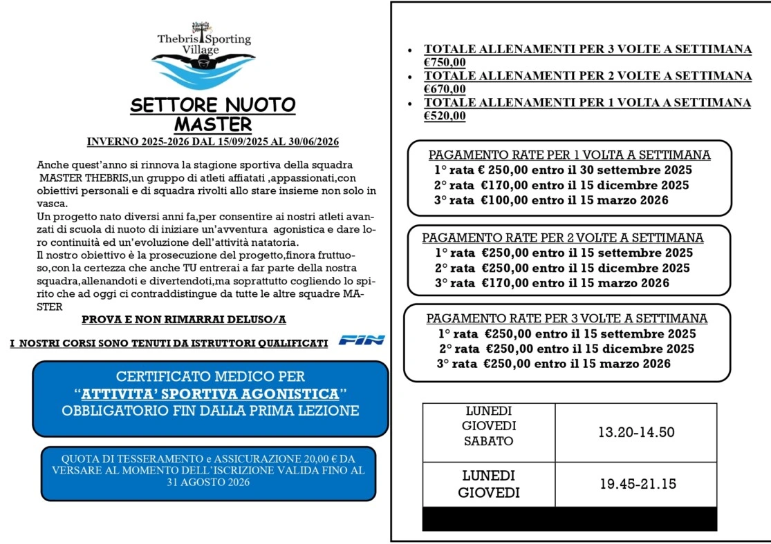 Nuoto Master  Orari  Prezzi e regolamento
