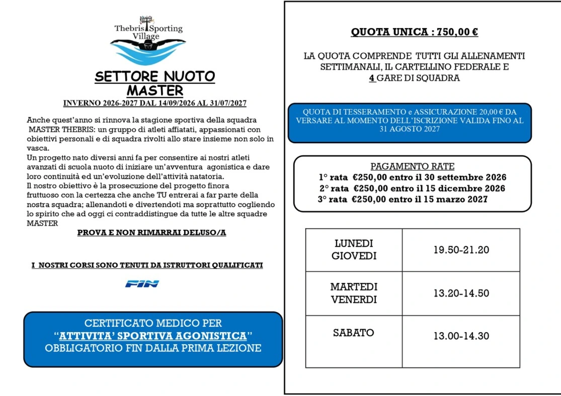 Nuoto Master  Orari  Prezzi e regolamento