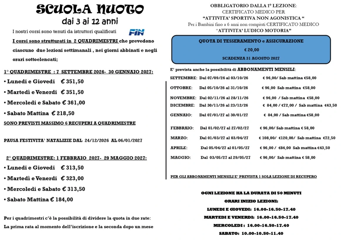 Nuoto per bambini dai 3 ai 14 anni - Scarica la brochure completa 