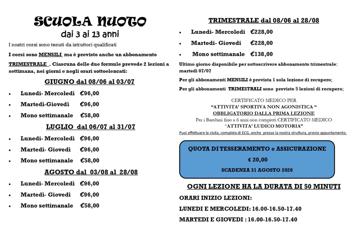 Nuoto per bambini dai 3 ai 14 anni - Scarica la brochure completa 