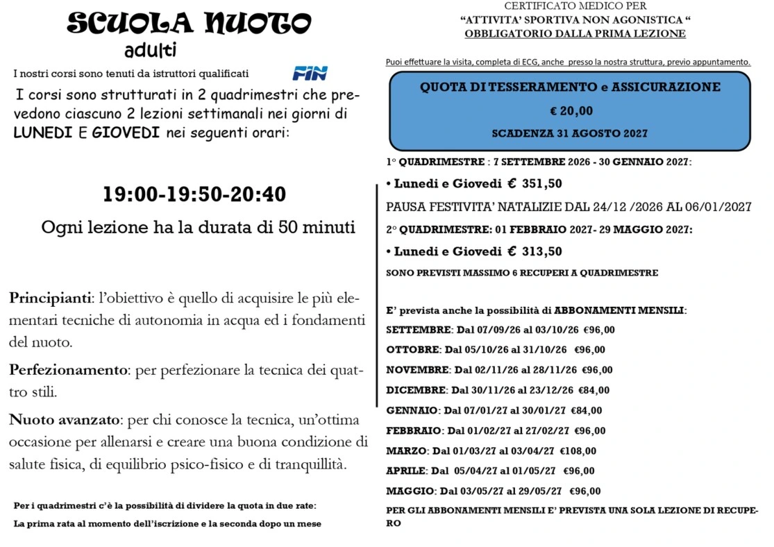 Nuoto adulti. Orari, Prezzi e regolamento - Scarica la brochure completa