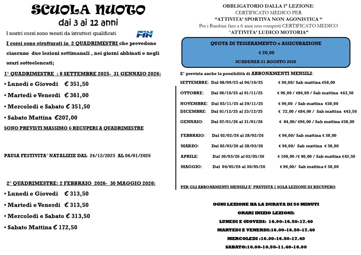 Nuoto per bambini e ragazzi dai 3 ai 14 anni - Scarica la brochure completa 