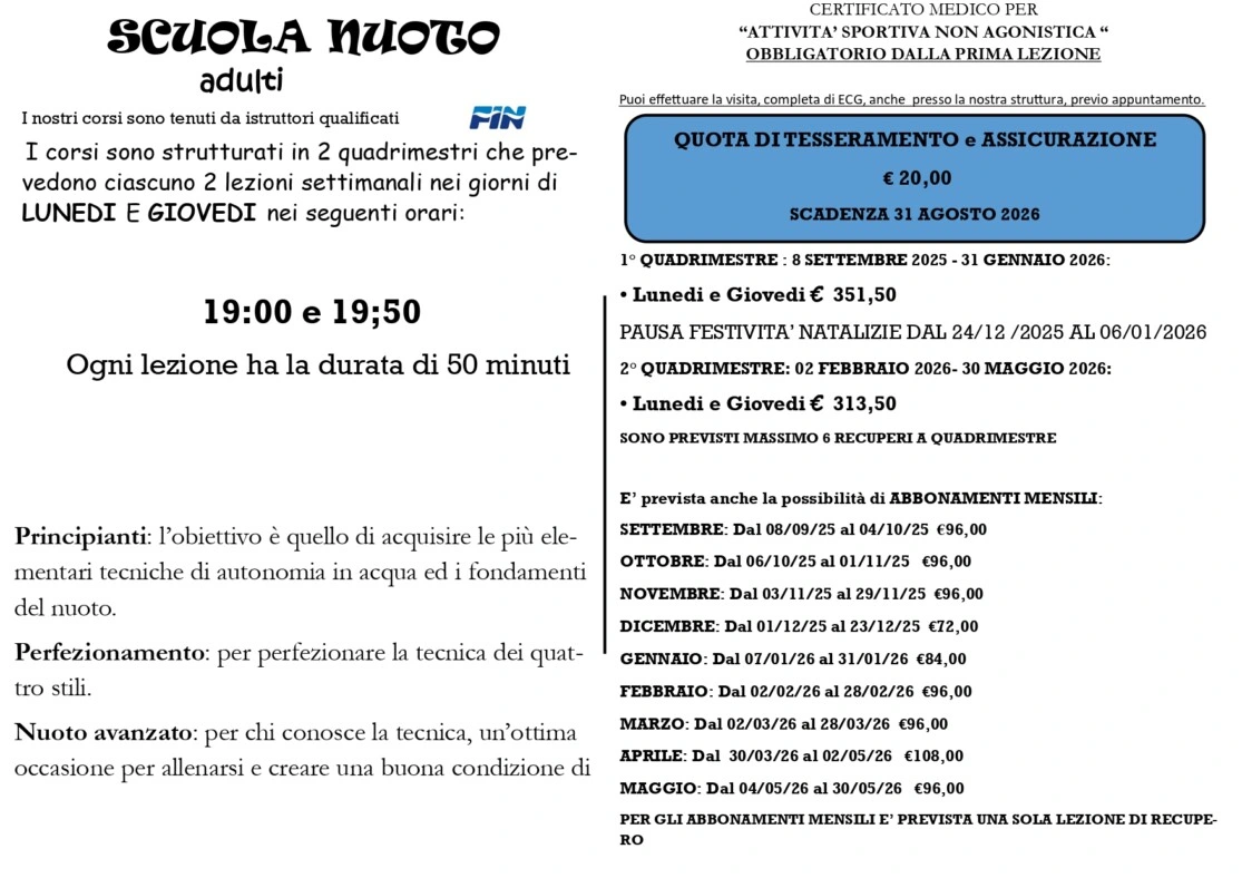 Nuoto adulti. Orari, Prezzi e regolamento - Scarica la brochure completa